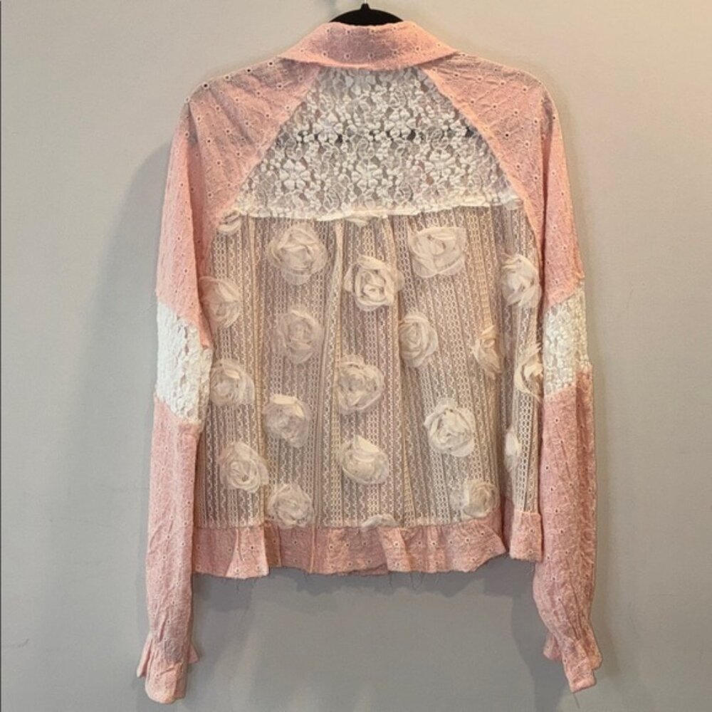 POL Shacket Women's Pink Pearl Lace Eyelet Woven Balloon Sleeve Front Pockets - Picture 3 of 7